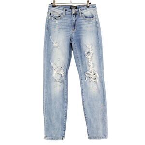 JUDY BLUE Distressed Paint Splatter Boyfriend Fit Denim Blue Jeans SIZE 1 25